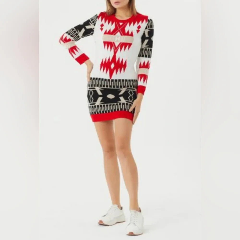 NWT One in a Million Size Small Red White Nordic Long Sleeve Sweater Mini Dress
